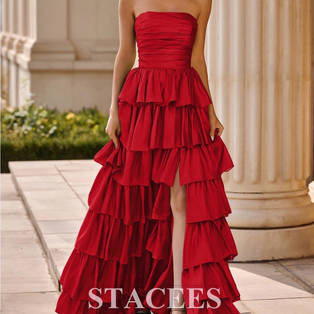 Stacees Red Strapless Ruffled Prom Dress